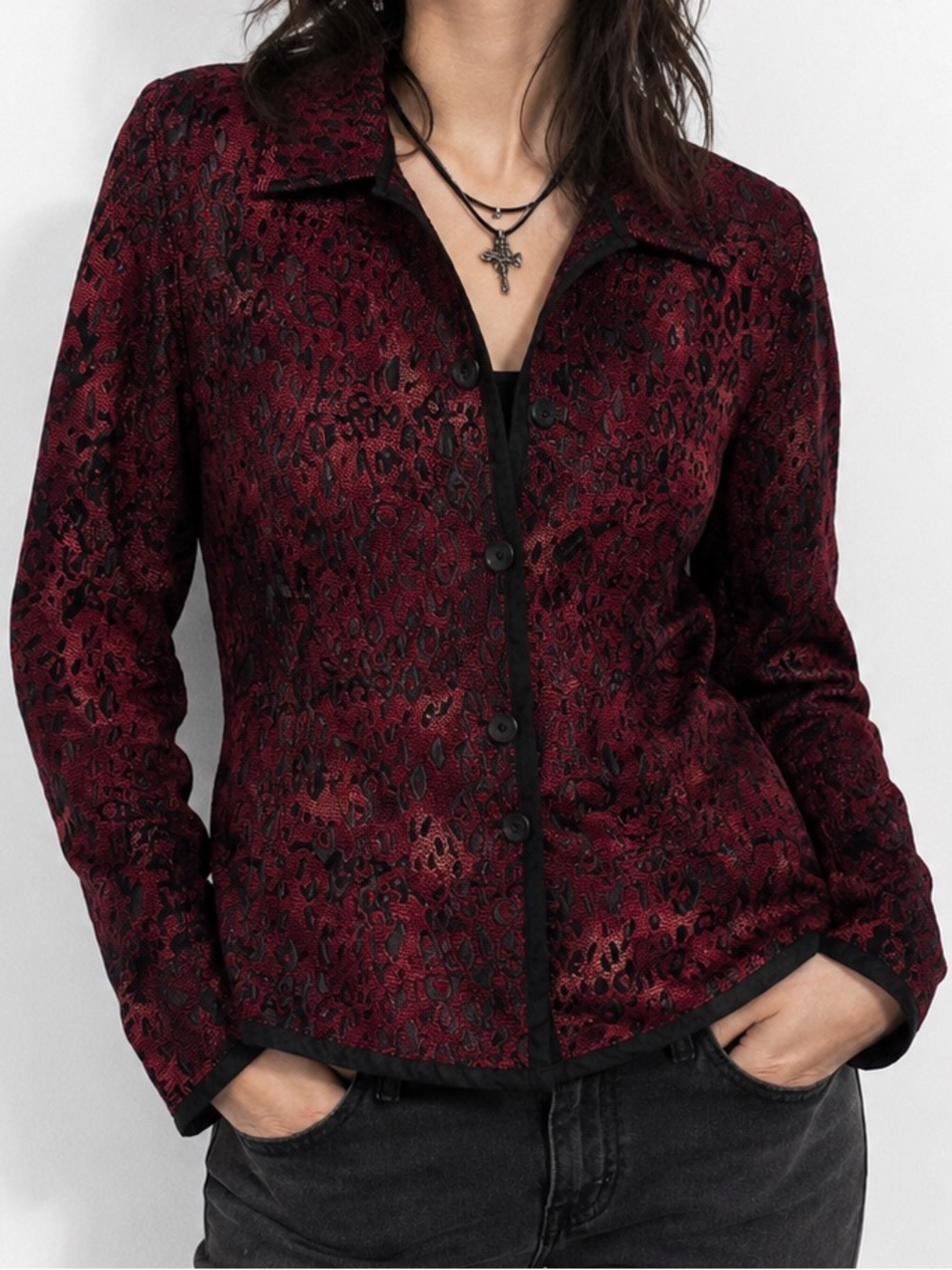 Christopher & Banks Black Velvet Burnout Jacket with Red Accents